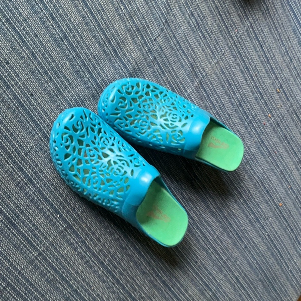 Dansko Blue and Green Perforated Mules - Picture 2 of 8